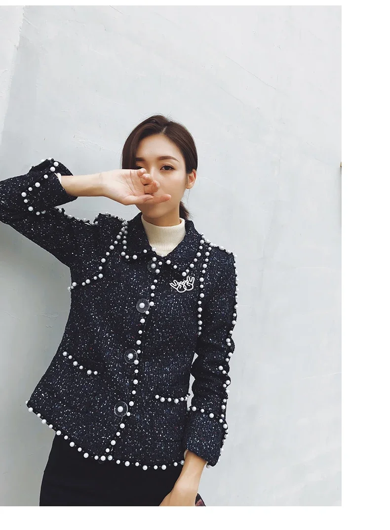 New style  fragrant tweed celebrity temperament nail bead Lapel sweet woolen short coat