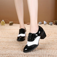 Patent Leather Black White Oxford Shoes For Women British Style Bullock Shoes Thick Heel Deep Mouth Single Leather Oxfords Pumps