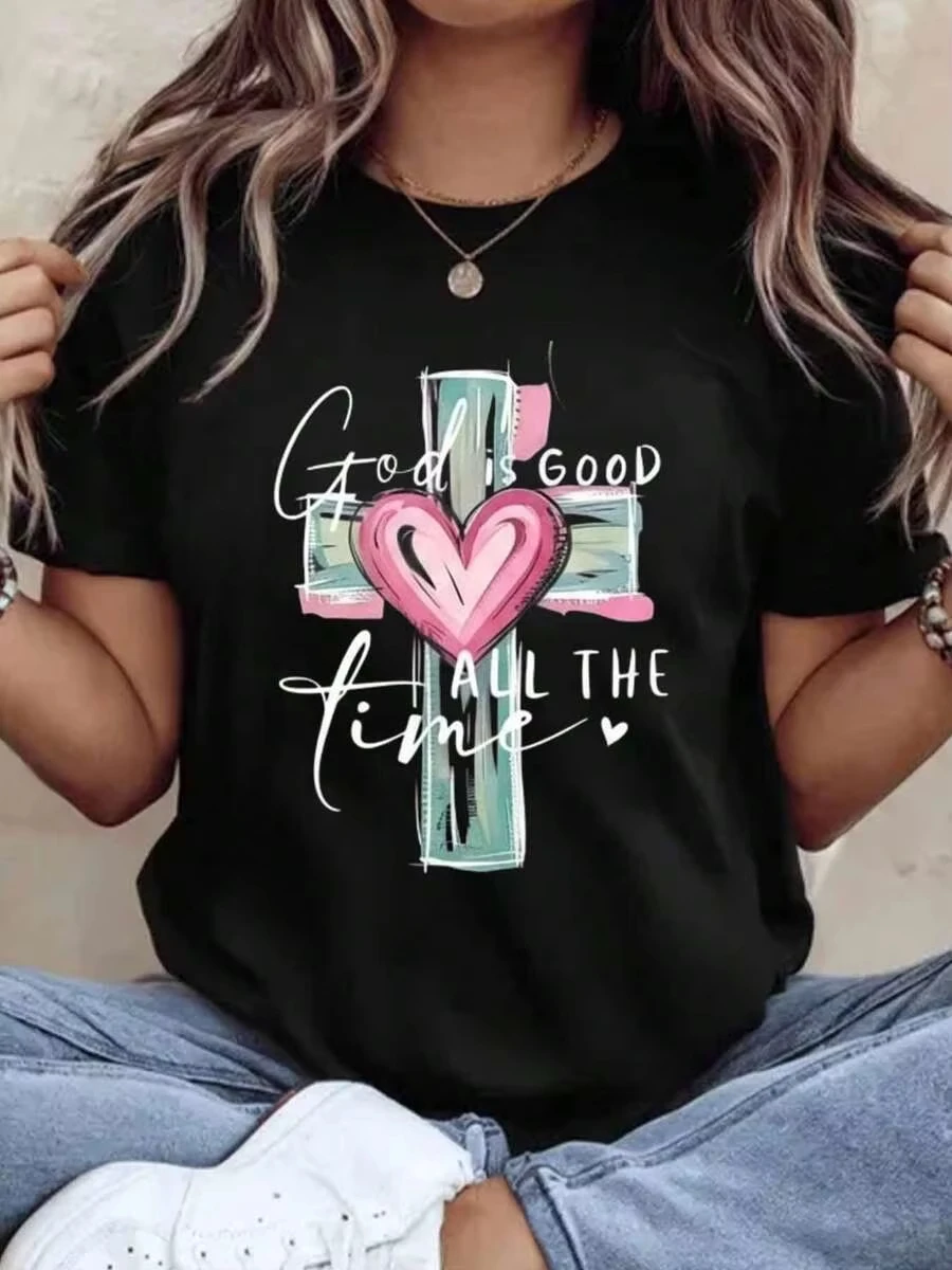 2026 Women's Christian Faith Pattern T-shirt Soft Cotton Short Sleeve God Always Good Cross Heart Print