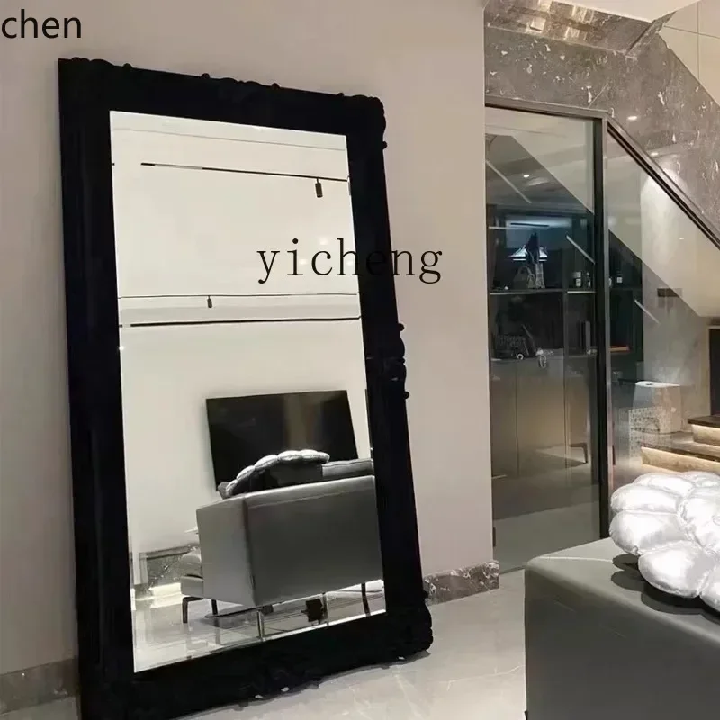 French retro flocking carved full-body mirror American home living room wall full-length mirror ins wind art floor mirror