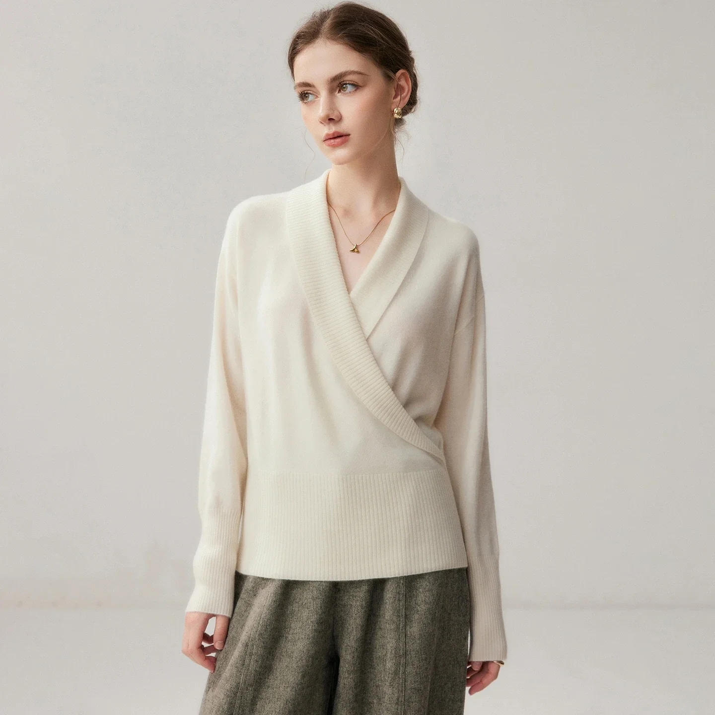 Grace Women's Oblique Lapel Sweater Pullover 100% Cashmere Knitwear Clothing Sexy Loose Autumn Winter Warm Long Sleeve Cardigan
