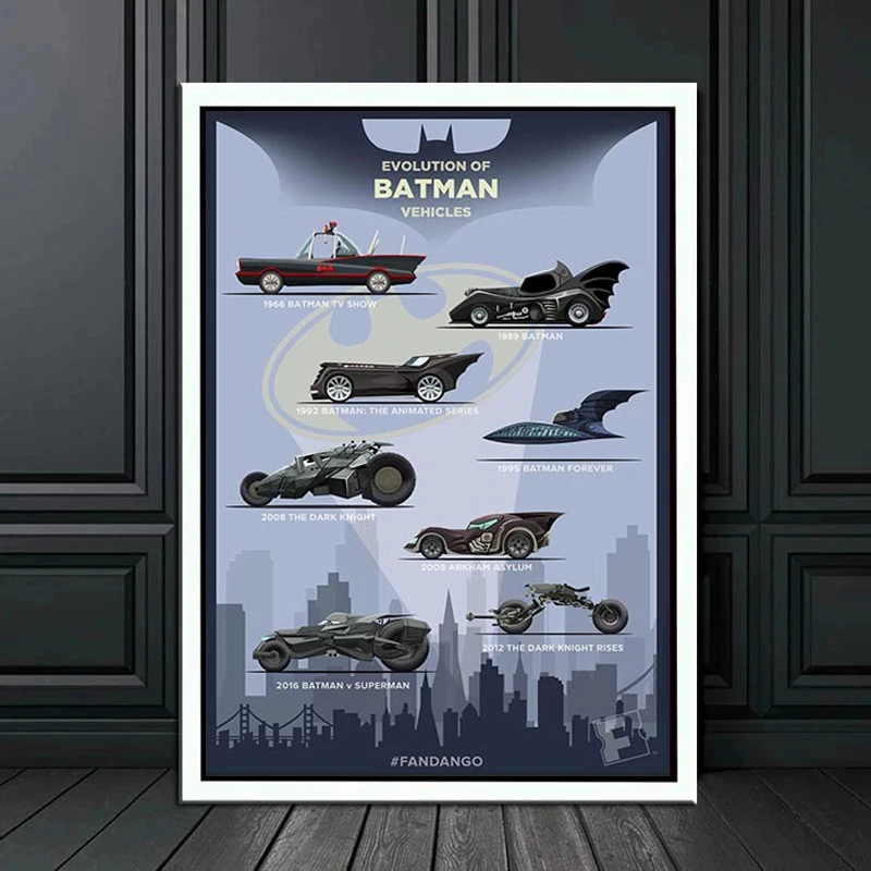 Affiche murale de véhicules de héros souriants, peinture sur toile, Batmobile, impression d'art mural, image de décoration intér