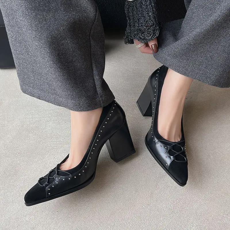 

2025 New Women Shoes Genuine Leather Pumps Thick High Heels Spring Summer Elegant Office Pumps Pointed Toe Classic Casual Shoes