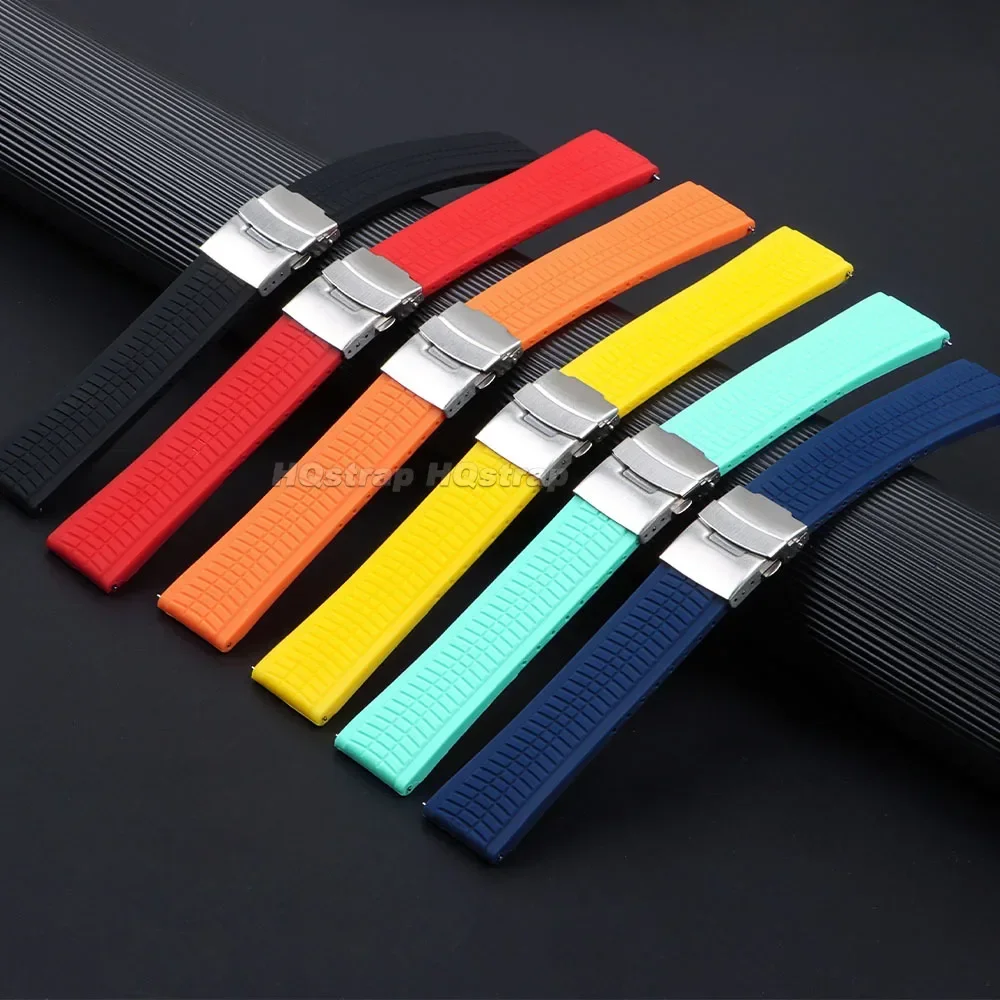 Silicone Watchband 20mm 22mm 24mm Waterproof Bracelet Double Press Folding Buckle Rubber Watch Strap Men Watches Accessories