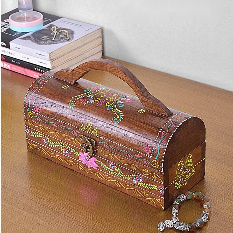 

Retro Solid Wood Storage Box New Chinese Style Lockable Organizer for Earrings and Rings Portable Jewelry Case Secure Trinket