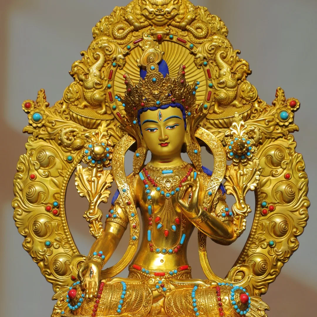 Old Bronze High Relief Gilded Painted Face Mosaic Gem White Tara Standing Buddha Backlight Amitabha Worship Hall Town house