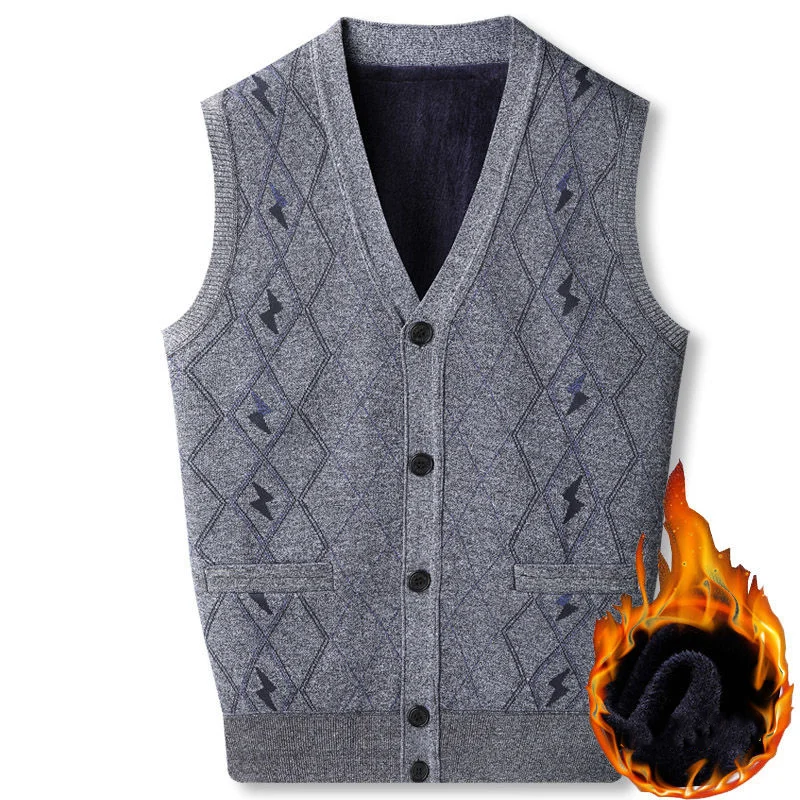 Autumn Winter Men Warm Sweater Vest Button Pockets Casual Simple V-neck Male Clothes Fleece Thicken Knitted Cardigan Tank Top