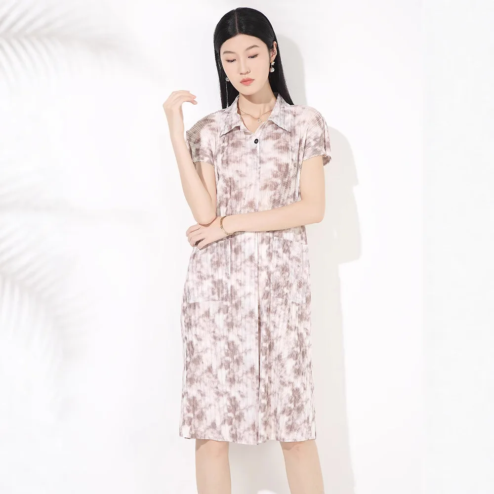 

Miyake Pleated Tie-dyed Versatile Shirt Collar Mid-length Dress for Women Summer New Design Retro Short-sleeved Pleated Skirt