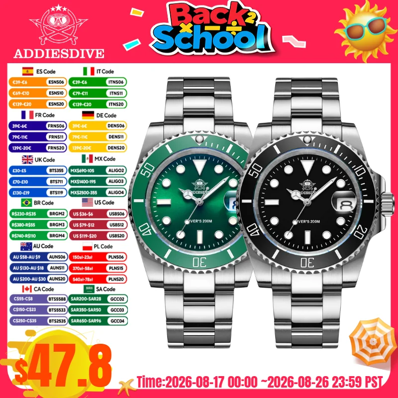 ADDIESDIVE Fashion Watch Stainless Steel Diver Watch 200M C3 Super Luminous Sport Luxury Watch Reloj Hombre Quartz Men Watch