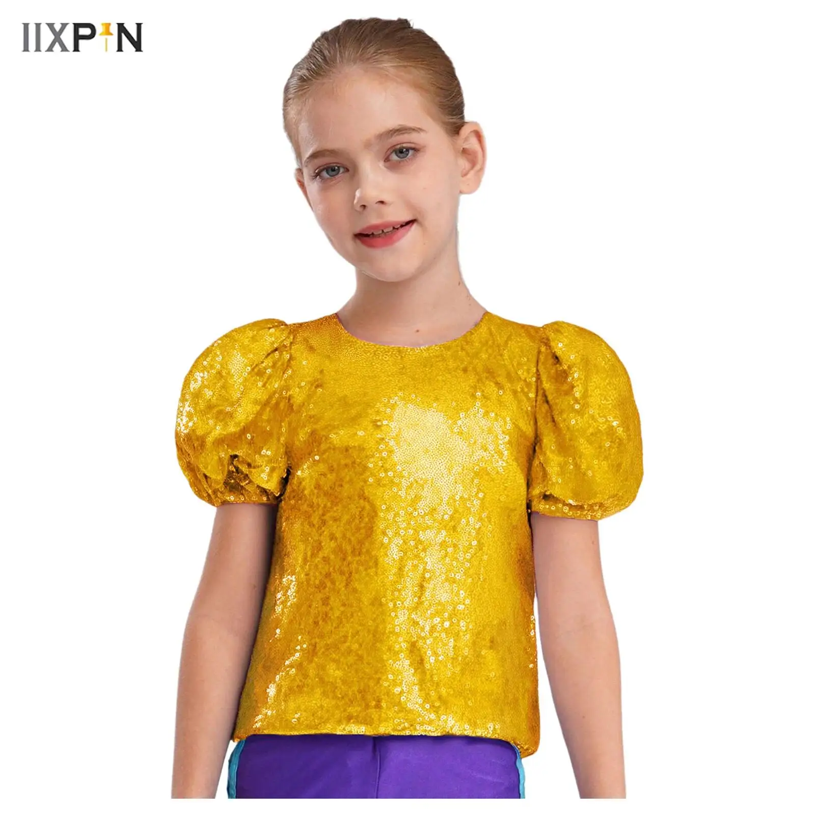 

Kids Girls Shirt Short Puff Sleeves Shiny Sequins Top for Party Disco Jazz Dance Cheerleading Performance Competition Dancewear