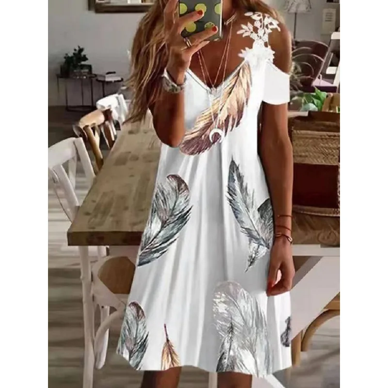 Summer Hollowout Lace Straps Dresses Women's Off Shoulder Boho Floral Printed Dress Female Casual Beach Party Dresses Vestidos