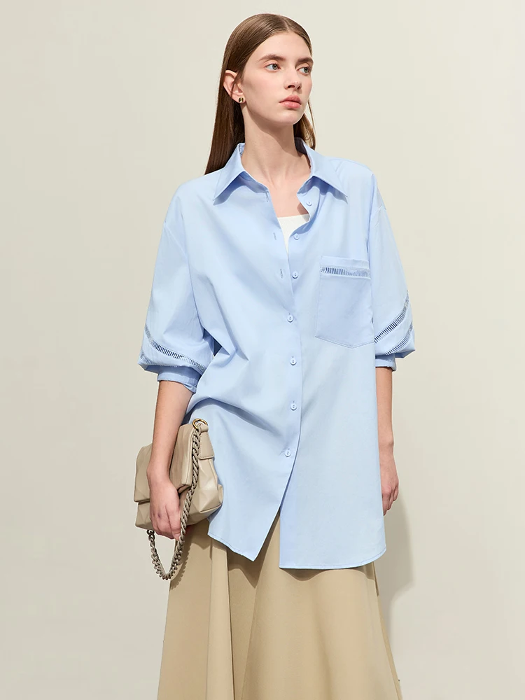 AMII Minimalism Women Shirts & Blouses 2024 Spring New Lapel Collar Hollow Ribbon Spliced Office Lady Loose Long Shirt 12441034