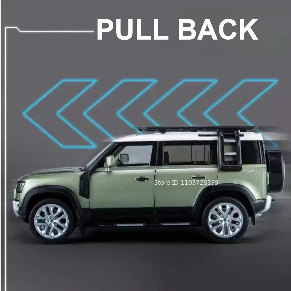 รถของเล่นแลนด์โรเวอร์ ดีเฟนเดอร์ ออฟโรด รุ่น 1:18 ผลิตจากโลหะ แบบหล่อขึ้นรูป พร้อมเสียง ไฟ ประตูเปิดได้ ดึงหลังวิ่งได้ ของขวัญสำหรับเด็ก