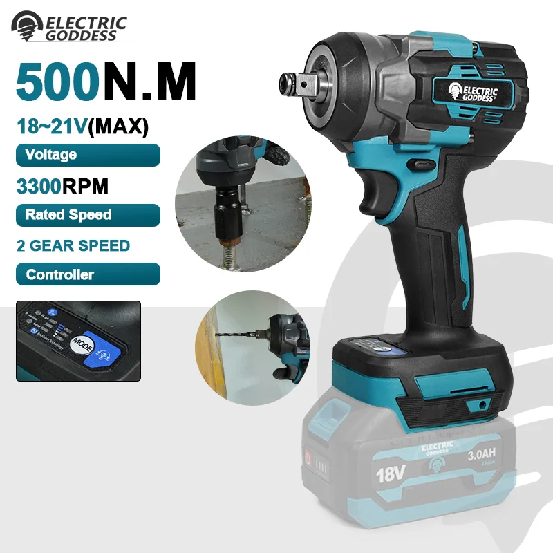 

Electric Goddess 500N.m Cordless Impact Wrench Brushless Electric Wrench Hand Drill Socket Power Tool For Makita 18V Battery