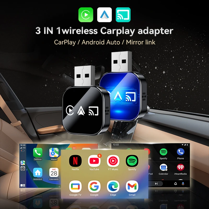 

2026 3-in-1 wireless CarPlay&Android Auto converter, mirror projection connection, plug and play, 5GHz WiFi, automatically connects to iPhone&Android, suitable for 98%+OEM wired CarPlay models, aluminum alloy&structure
