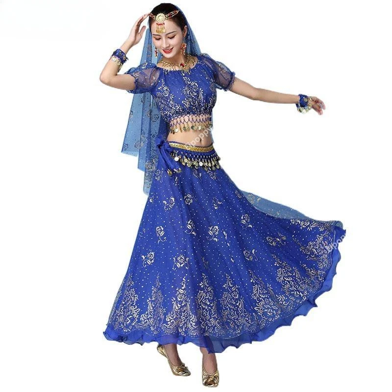 طقم زي رقص هندي نسائي ، بلوزة شيفون ، تنورة ، سلسلة خصر ، طقم رقص شرقي ، زي أداء مسرحي