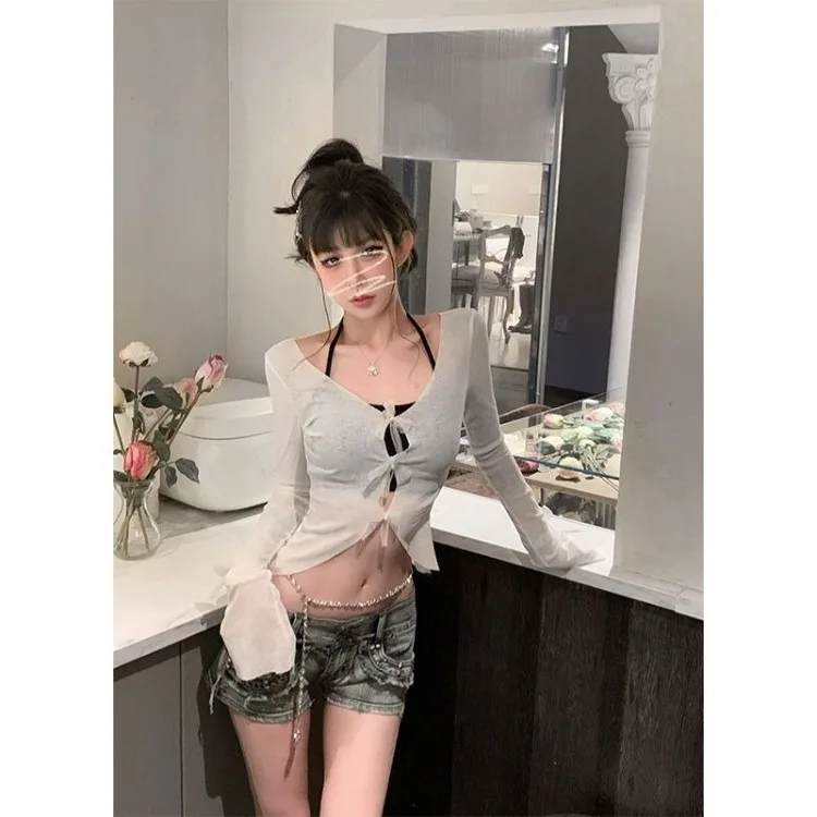 Fake Two Piece Halter Camisole Tops Mujer Y2k Long Sleeve Sun Protection Coat 2024 New Slim Fit Bow Hollow Out T-shirt for Women