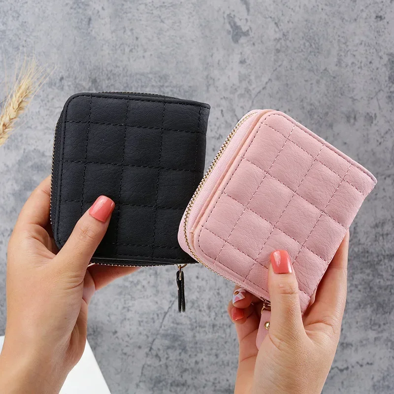 Women Fashion Small Zipper Wallet with Coin Purse PU Leather Plaid Purses Ladies Cute Mini Korean Version Small Card Pack New