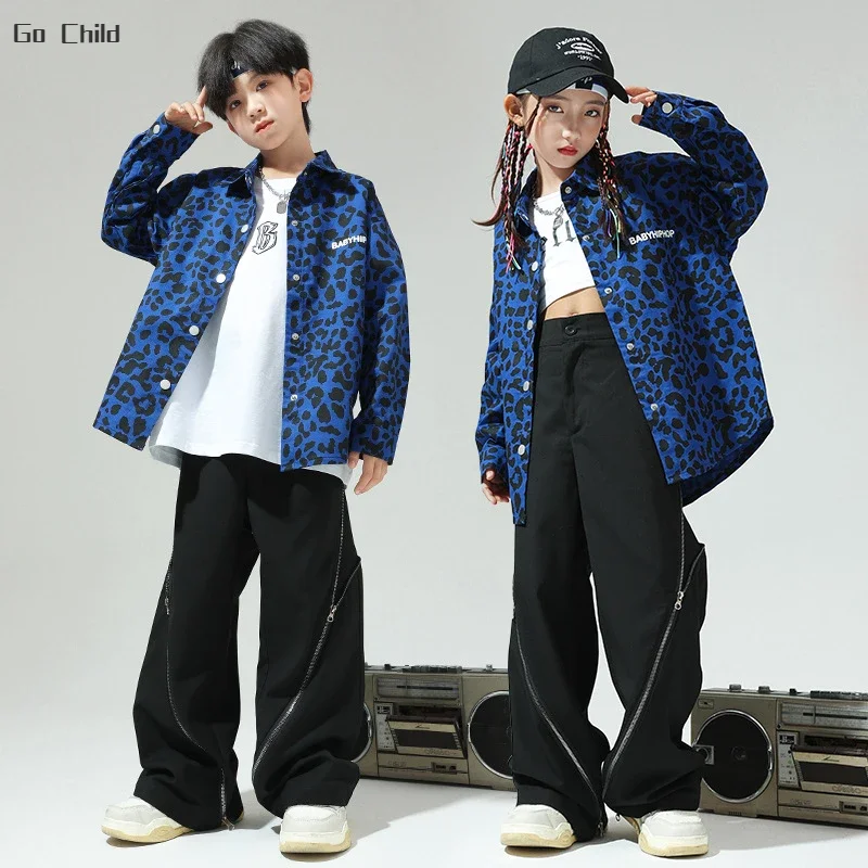 Hip Hop Girls Leopard Shirt Zipper Pants Boys Street Dance Cool Jacket Joggers Clothes Sets Kids Streetwear Child Jazz Costumes