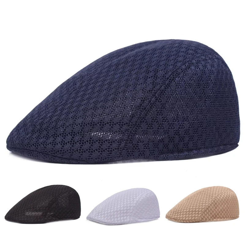 New Unisex Summer Mesh Newsboy Cap Plaid Breathable Adjustable Flat Beret Hat Casual Sun Protection Peaked Cap for Men Women