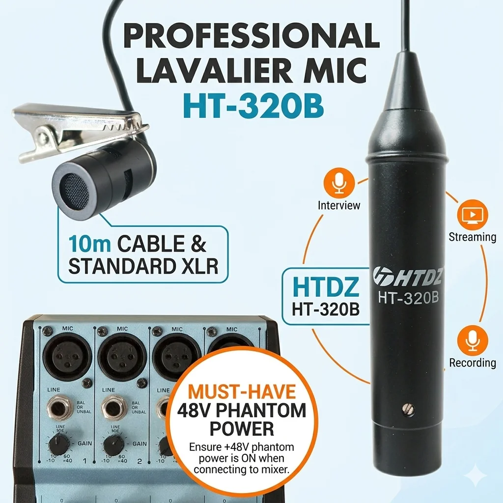 Picture 5: Professional XLR Lavalier Lapel Microphone HT-320B 10M Shielded Cable Omnidirectional Condenser Mic for Mixer & Audio Interface