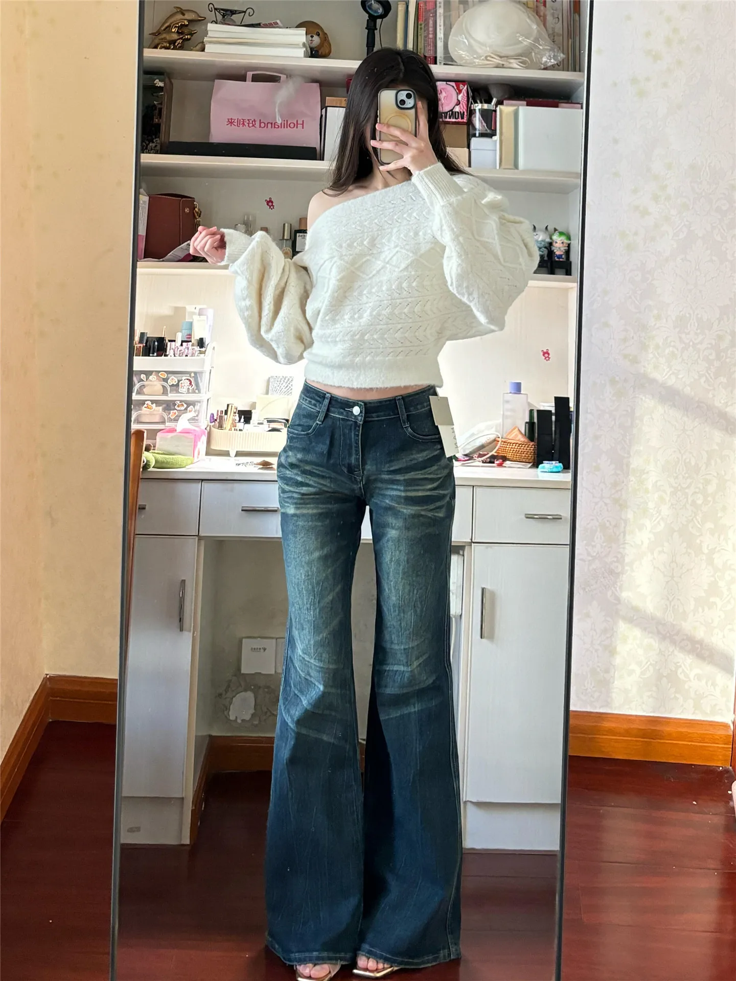 

American Style Vintage Low Waist Flared Jeans Women Loose Slim Scratch Pattern Floor-Length Casual Pants