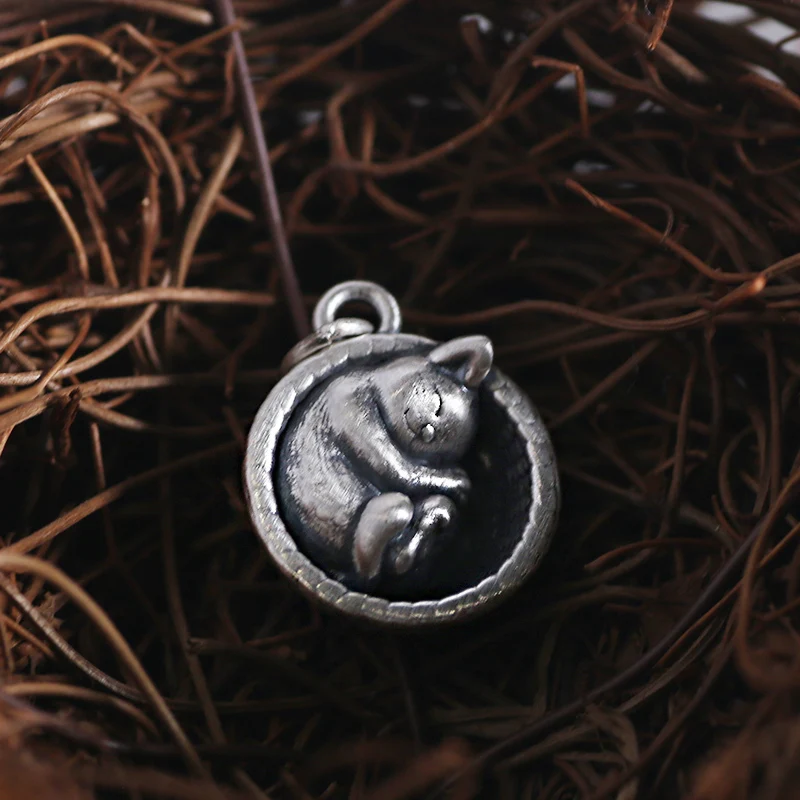 Real S999 Pure Silver Sleeping Cat Retro Necklace Cute Animal Series Pendant  Original Fine Jewelry Fishion Gift