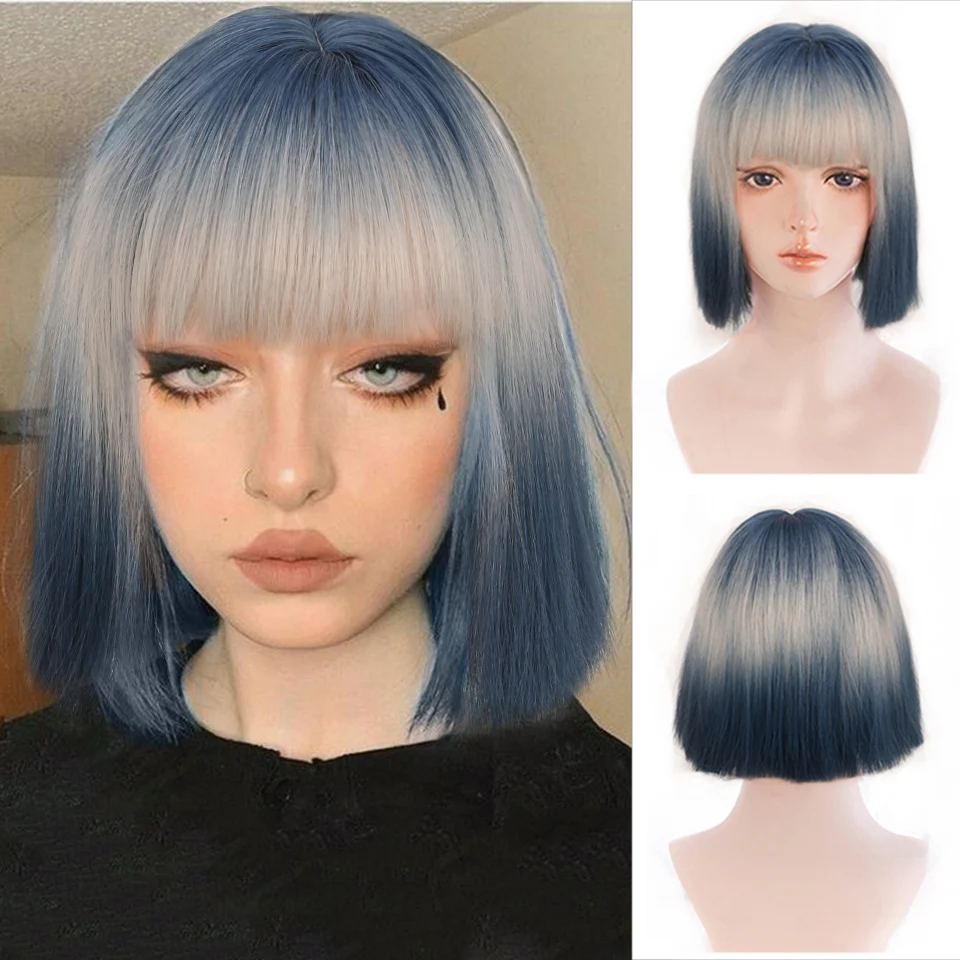 

HOUYAN synthetic short wave bob straight hair wig bangs female golden blue cosplay Lolita wig heat-resistant wig