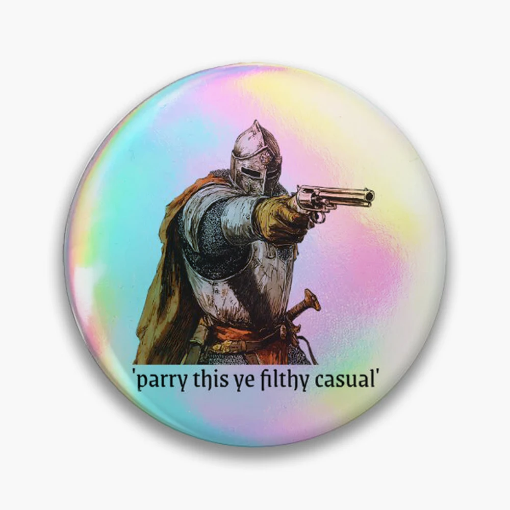 Parry This You Filthy Casual - Medieval Knight With Gun Pin Holographic Star Heart Pin Brooches Laminated Button Fashion Accesso