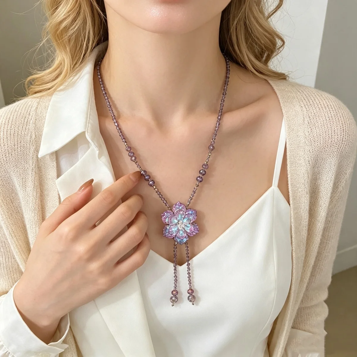 Glänzende lila Kristallblumen-Pulloverkette für Damen und Herren, Vintage-Halskette mit Kordelzug, Perlen, Y-förmiger Quasten-Blumen-Choker-Schmuck – Detail 8