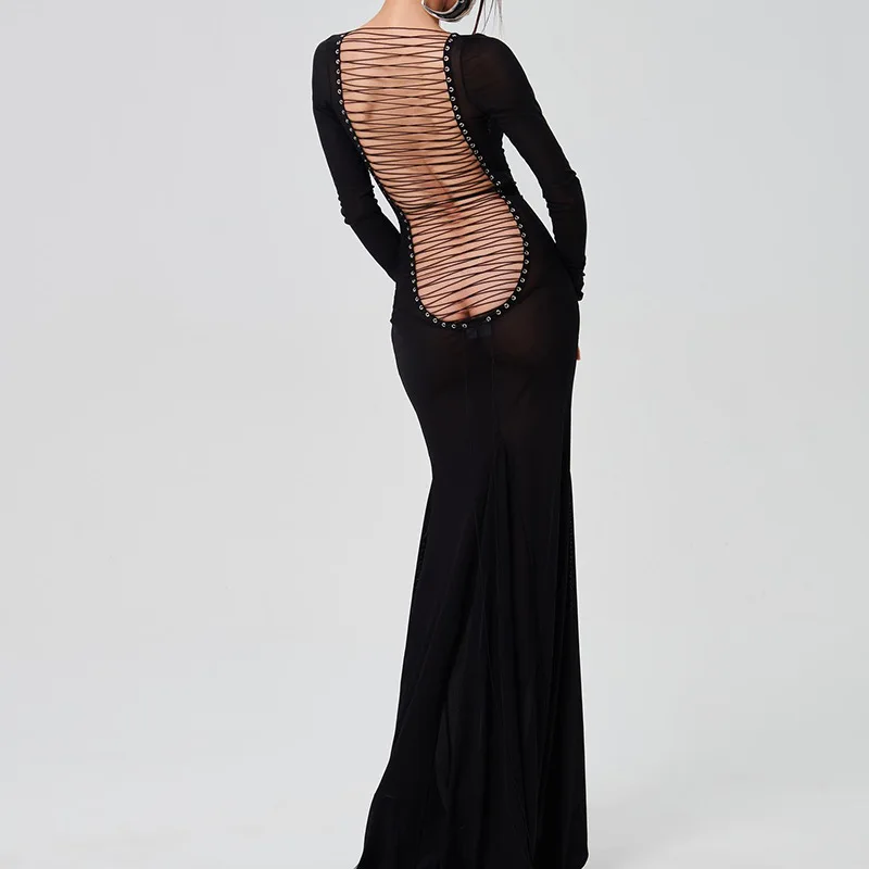 

Grommet Lace Up Backless Sheer Mesh Bodycon Maxi Dress Women Sexy See Through O-neck Full Sleeve Clubwear Party Long Robes