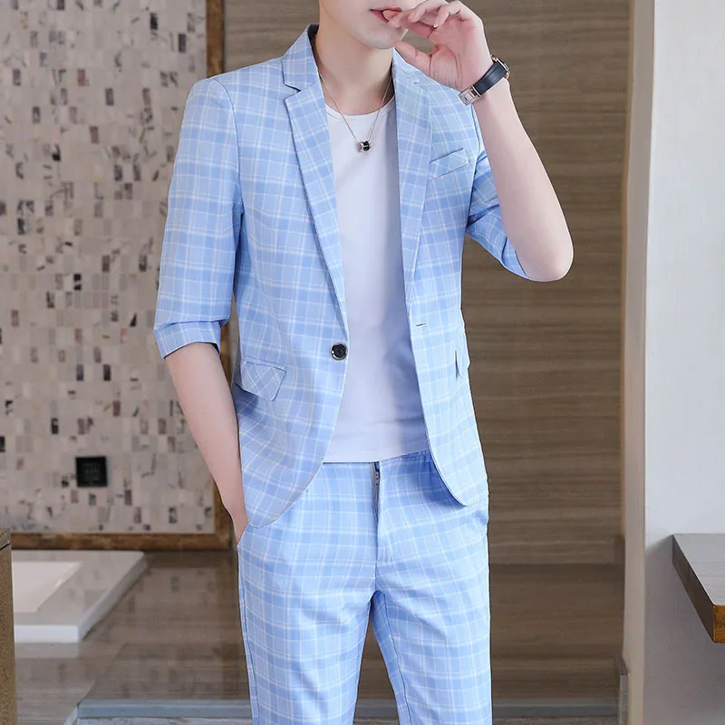 2023Summer medium sleeve seven-point sleeve (Blazer+ western pants) suit men\'s thin plaid slim short sleeve Blazer two-piece set