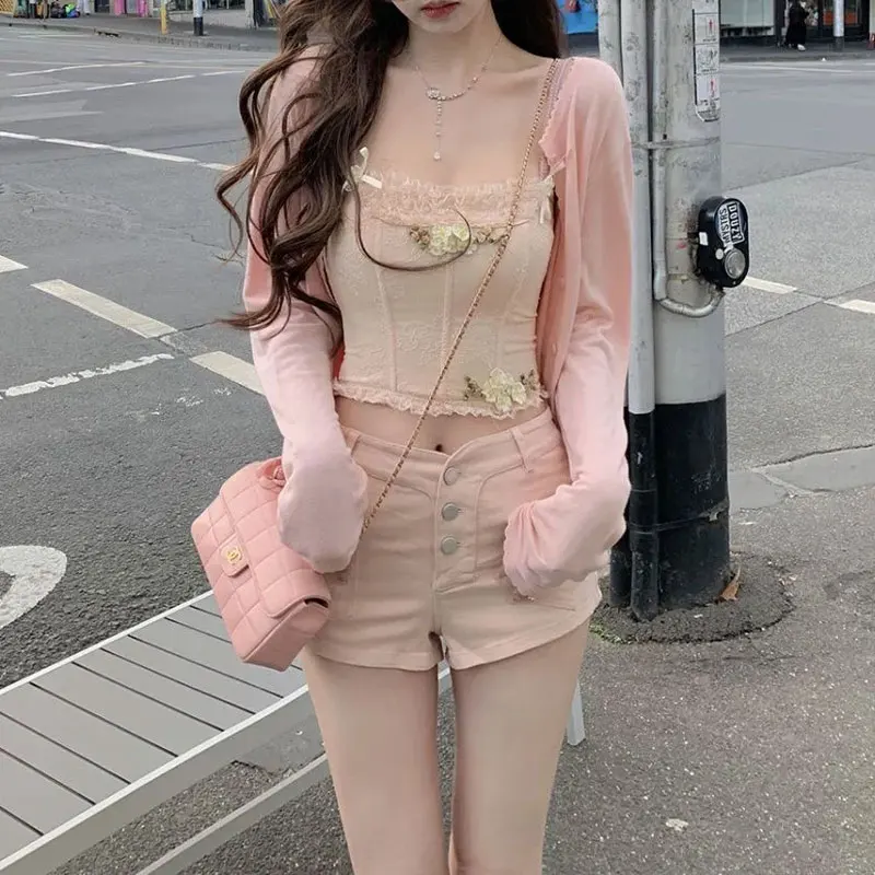 

Women's Clothing Hotsweet Casual Shorts American High Waist Summer Solid Color Fashionable Button Straight Aura Bodycon Shorts
