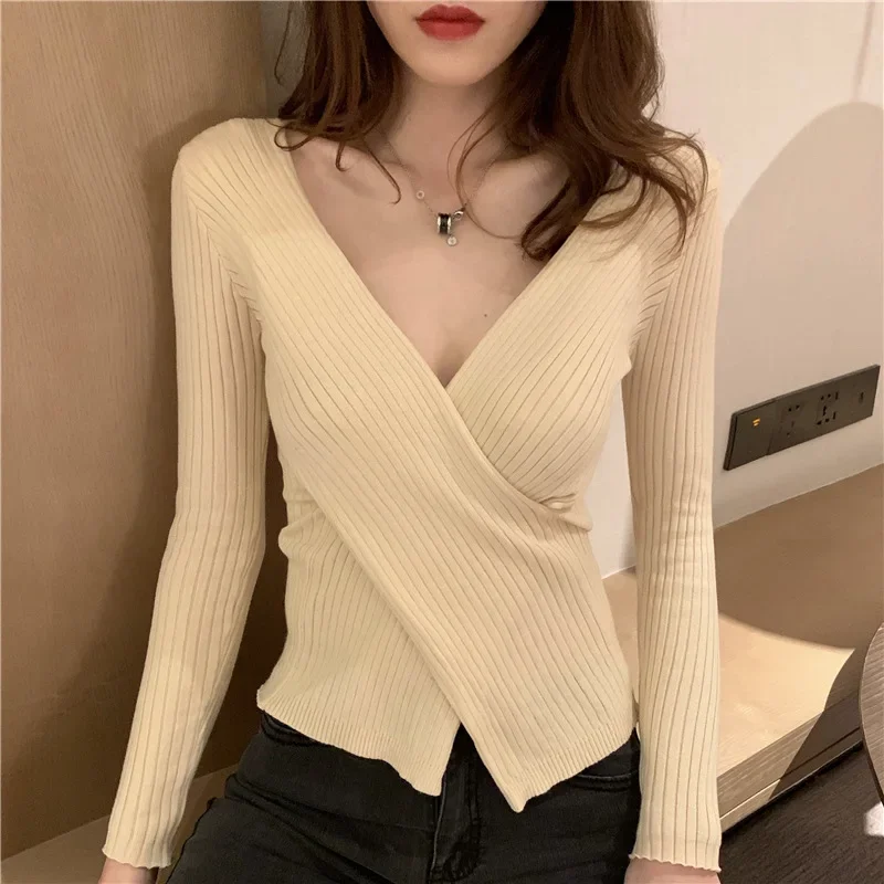 

Sweater Knit V Neck Pullover Femme Clothing Jumpers Women Casual Long Sleeve Fashion 2024 New Autumn Winter Spring Solid Color