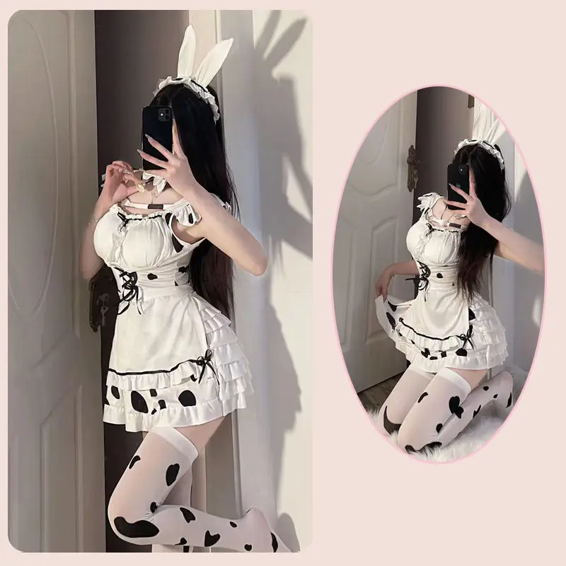 Sexy Lingerie Maid\'s Uniform Cute Style Collocation Dresses Rabbit Ear Headband Collar Bell Bow Stockings Passion Night Gift