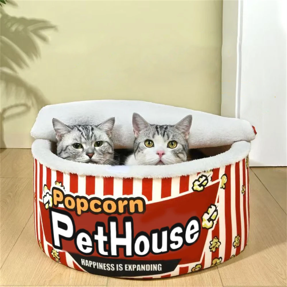 

Fully Enclosed Cat Nests Winter Warm Pet Bed Popcorn Bucket Design Plush Puppy Kennel Deep Sleep Comfortable Indoor Kitten House