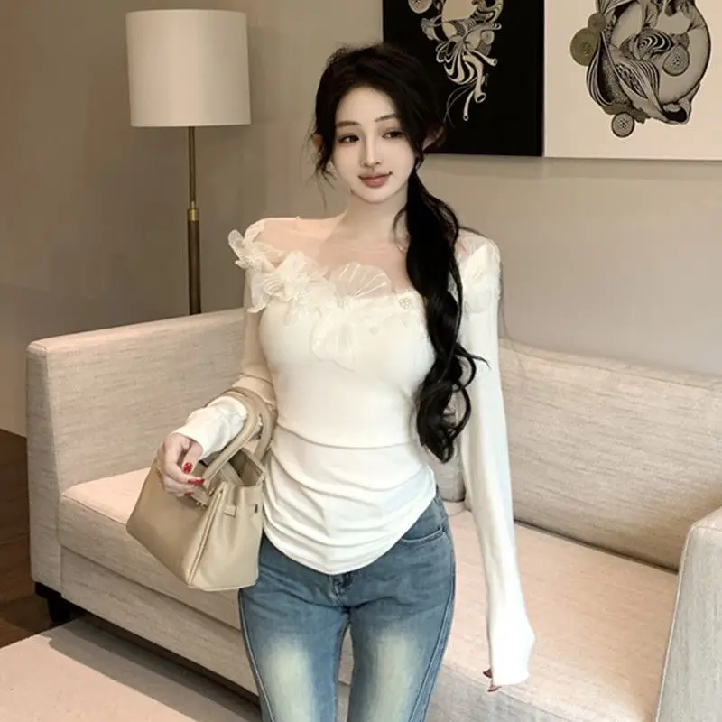 

Pure Desire Сексуальная женская футболка с объемным цветком и длинными рукавами, облегающий и утягивающий короткий базовый топ для пикантных девушек