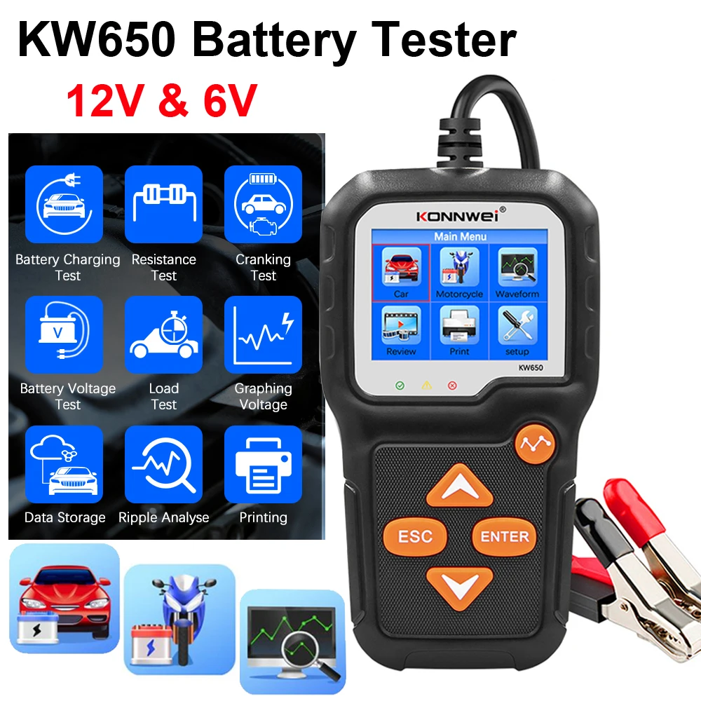 KONNWEI KW650 12V 6V Car Battery Tester Automotive Alternator Analyzer Waveform Voltage Test for Car/Motorcycle