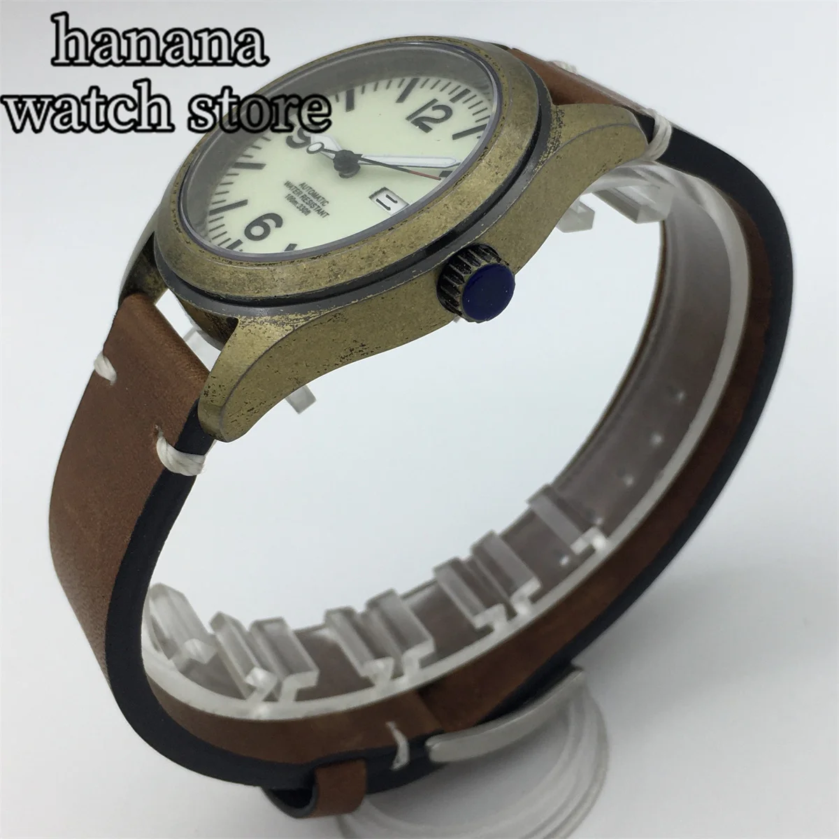 36mm 39mm Men\'s Bronze Watch Sapphire glass NH35 NH36 Automatic movement 100m waterproof green glow-in-the-dark leather strap