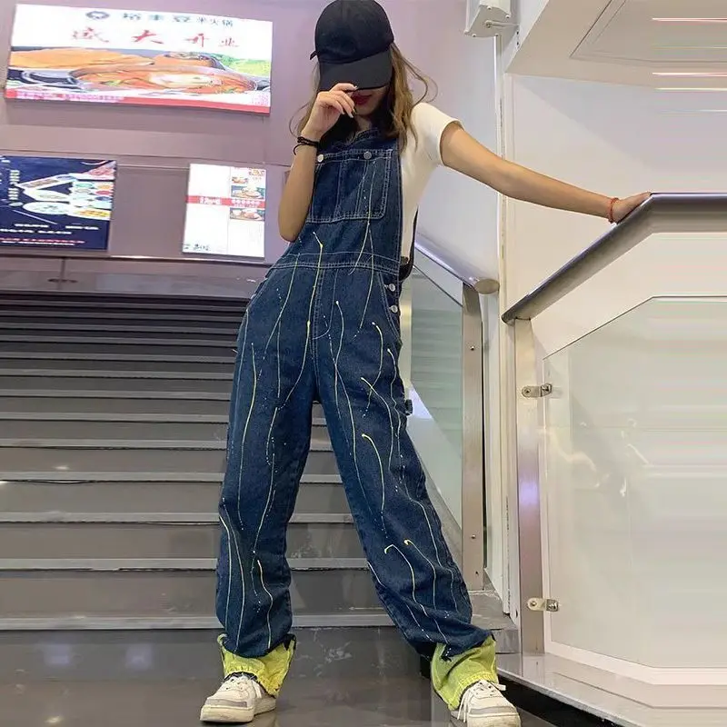 

Антивозрастные джинсовые комбинезоны с эффектом цветных брызг краски, шикарный дизайн, женские, осенне-зимние, больших размеров, винтажные, цельные брюки с эффектом похудения