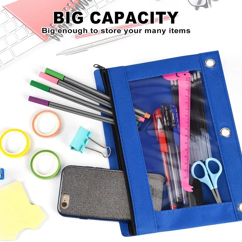 6 Pack 3 Ring Zipper Pencil Pouch Colorful Fabric Pencil Case Sturdy And Durable Binder Pouch With Clear Window Suitable