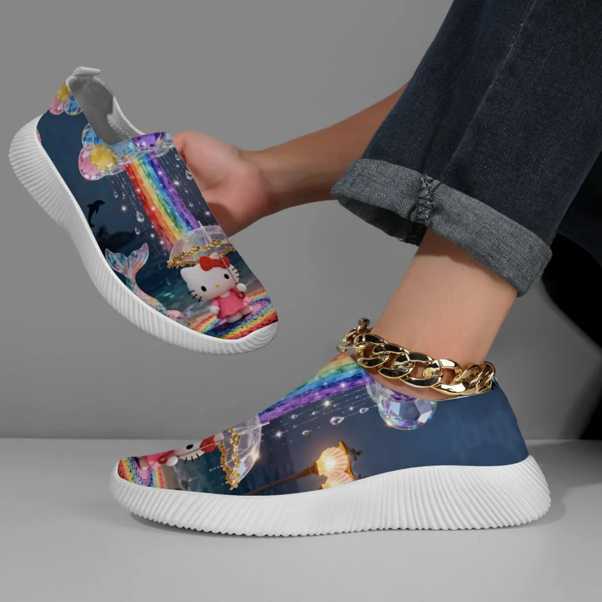 

Women's Hello Kitty Shoe Sneakers Women Disney Cartoon Rainbow Ball Fantasy Slip-On Kids Shoes for Girl Casual Chunky Loafers