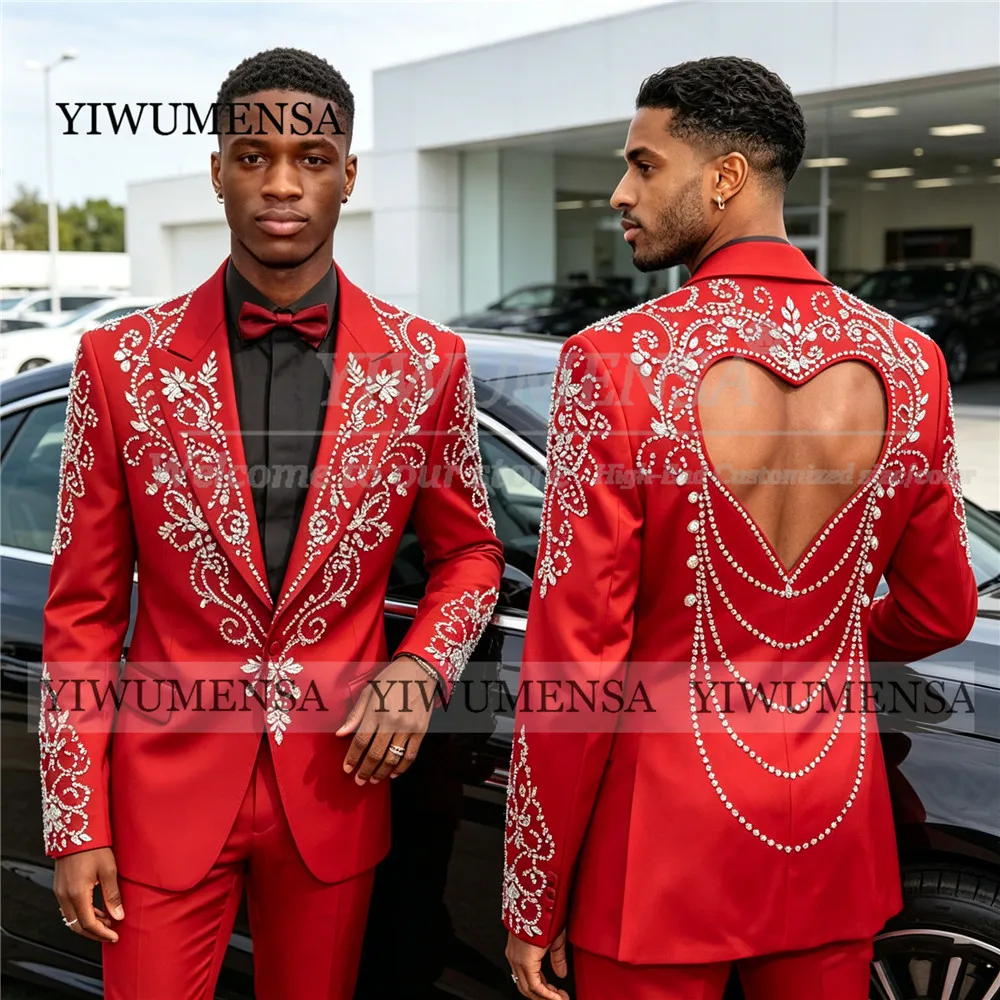 Exclusive Red Wedding Suit For Groom Backless Beaded Rhinestones Prom Blazer Custom Made 2 Piece Sets Man Banquet Tuxedo Attire