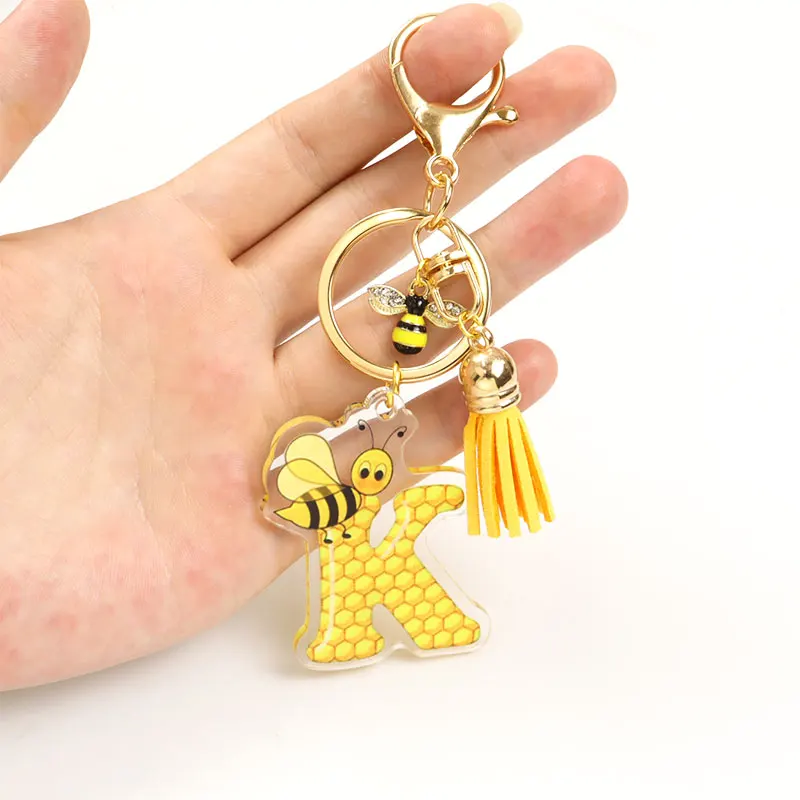 Creative Bee&Honeycomb Design A-Z Acrylic Yellow Tassel Bee Rhinestones Enamel Charm Keychain Bag Pendant Trendy Jewelry Gift