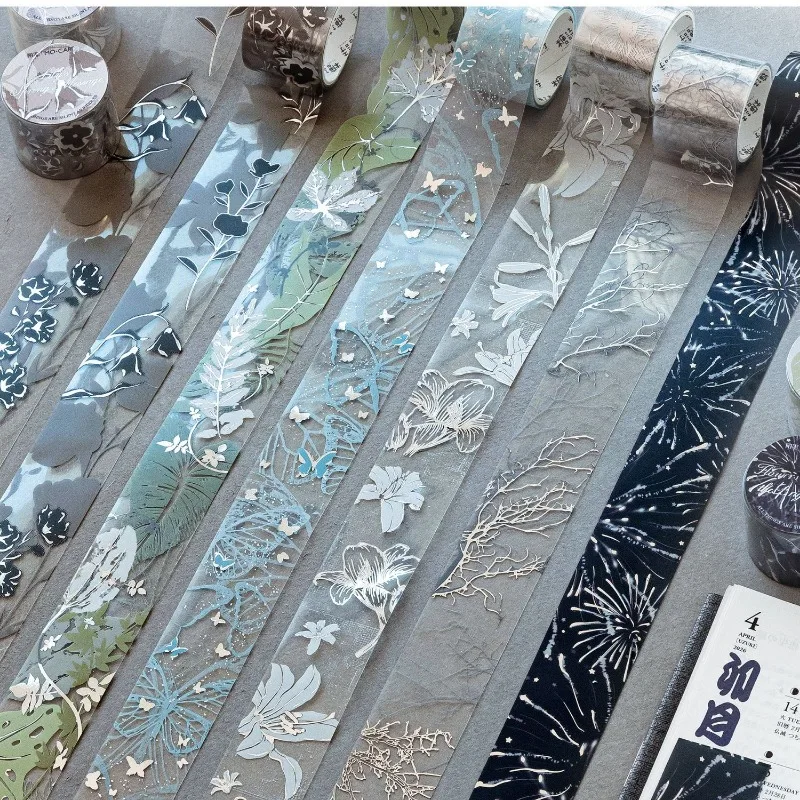 Silver‑Foiled White‑Ink PET Washi Tape, Floral Pattern Decor Tape for Journal Scrapbook DIY Craft Embellishments