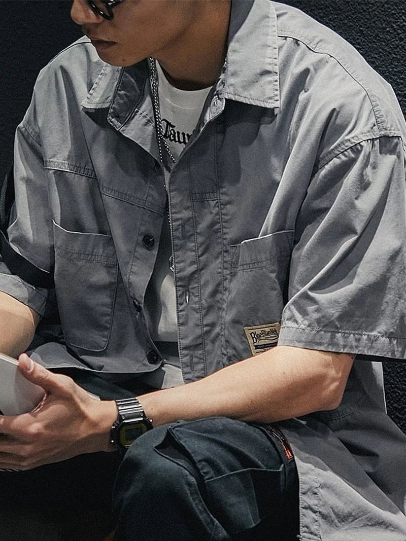 Summer Vintage Washed Workwear Short Sleeve Men's Casual Loose Fit Shirt Trendy Brand Cotton Pure Color Button down Coat