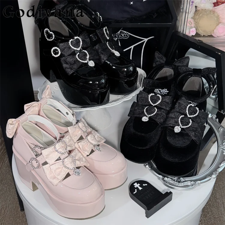 

Original Mine Platform Heels Spring and Autumn New Japanese Girls Sweet Cute Bow Elegant Velvet High Heels Women's Lolita Pumps