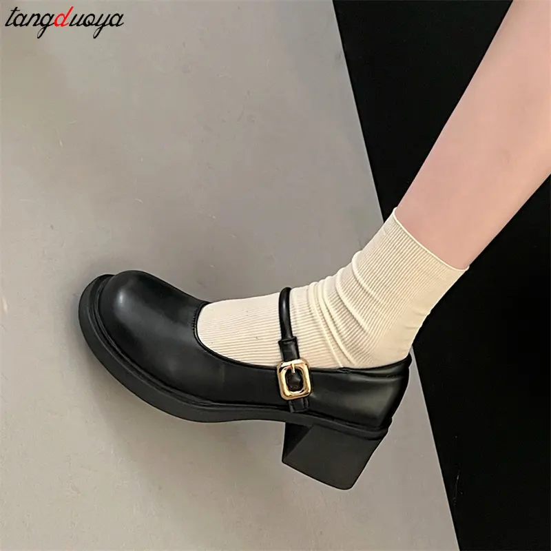 Sepatu Lolita ujung bulat sepatu kulit wanita gaya Jepang Mary Jane sepatu wanita elegan antik hitam kecil sepatu tunggal wanita