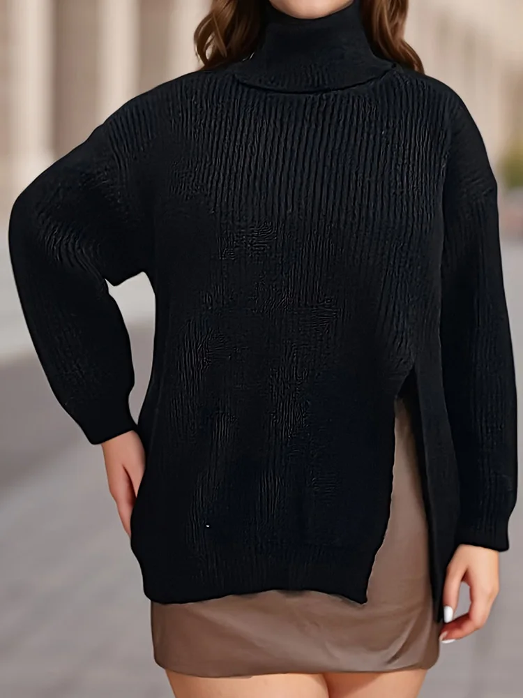 GIBSIE Plus Size Black Split Mid-long Knitted Sweater Women 2024 Autumn Winter Turtleneck Long Sleeve Loose Pullover Sweater