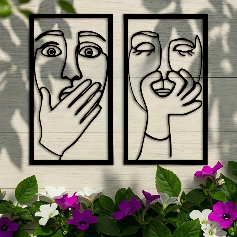 Pair of Two, Humorous Metal Wall Art,  Comical Face Line Art Bathroom Sign, Easy Toilet Wall Decoration